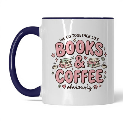 We Go Together Like Books & Coffee doodle 11oz White Midnight Blue coffee mug