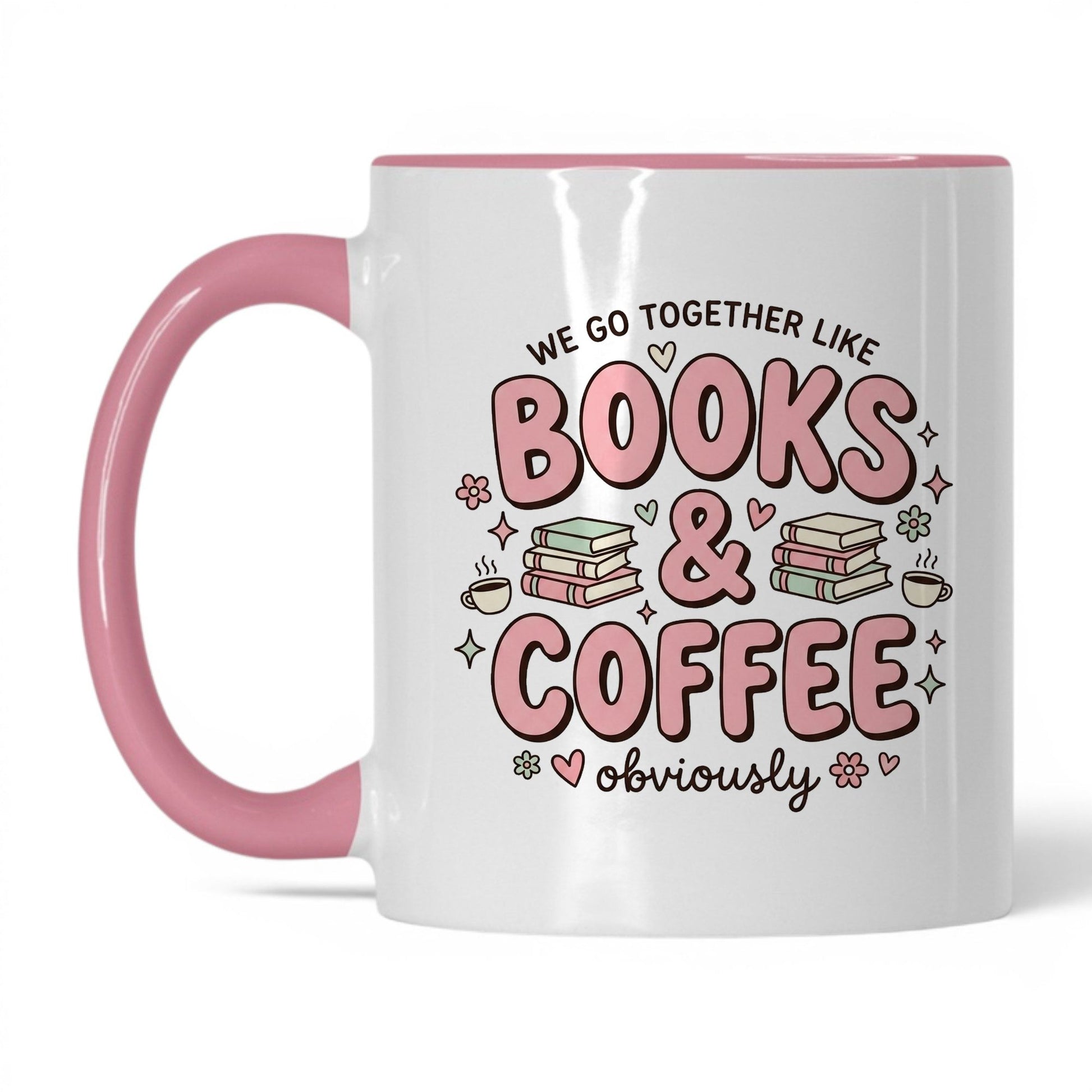 We Go Together Like Books & Coffee doodle 11oz White Pink coffee mug